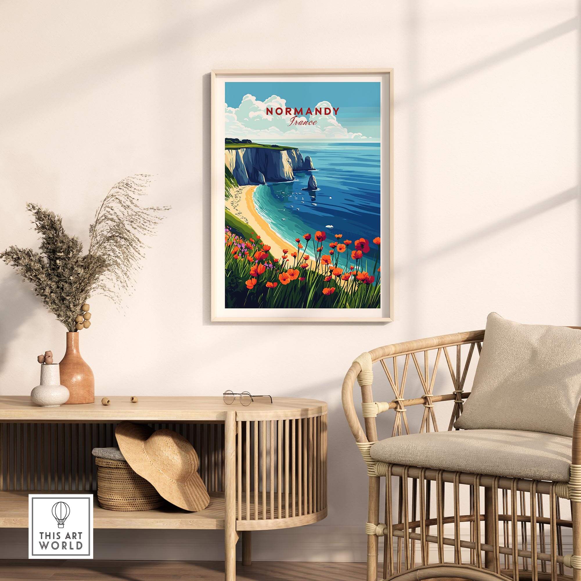 Normandy Print France artwork showcasing the stunning coastline and vibrant flowers in a stylish interior setting.