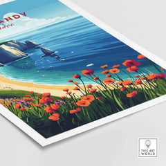 Normandy Print France featuring a vibrant coastal scene with flowers and blue sky, perfect wall art for home decor.