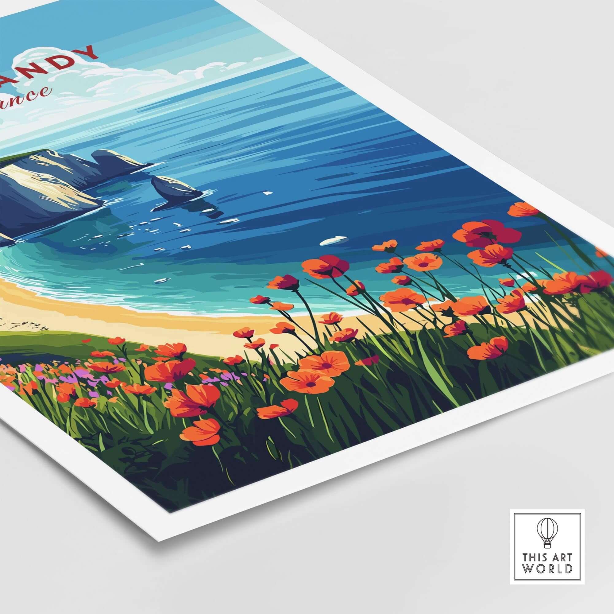 Normandy Print France featuring a vibrant coastal scene with flowers and blue sky, perfect wall art for home decor.