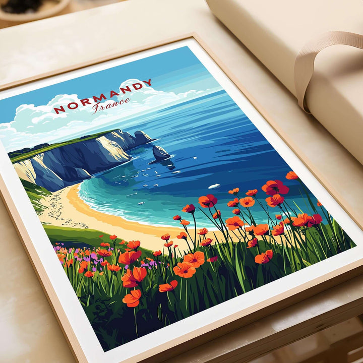 Normandy Print featuring vibrant flowers and a picturesque coast, capturing the beauty of France's countryside.