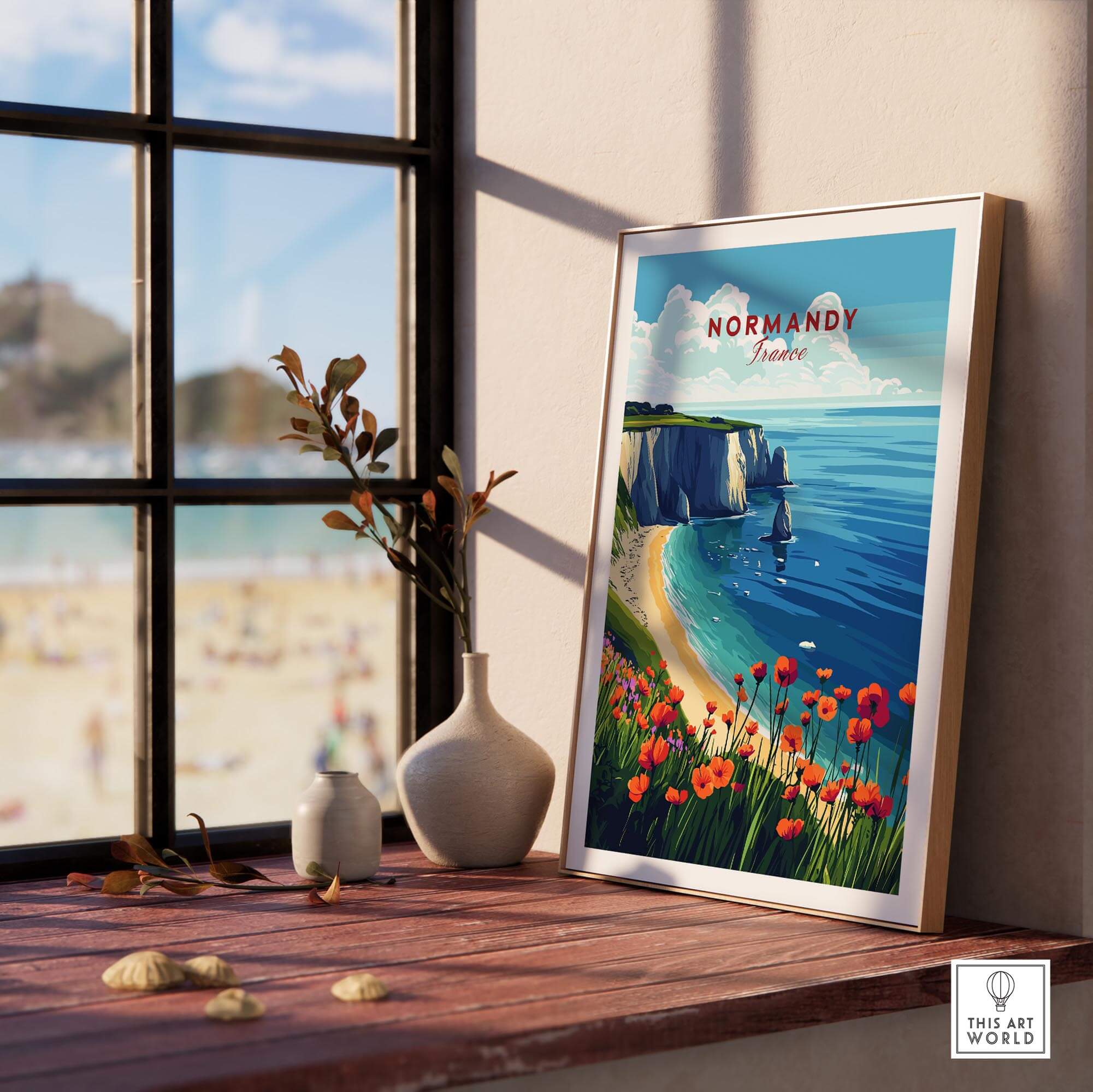 Normandy Print France showcasing the beautiful coast and floral landscape of Normandy in a charming indoor setting.