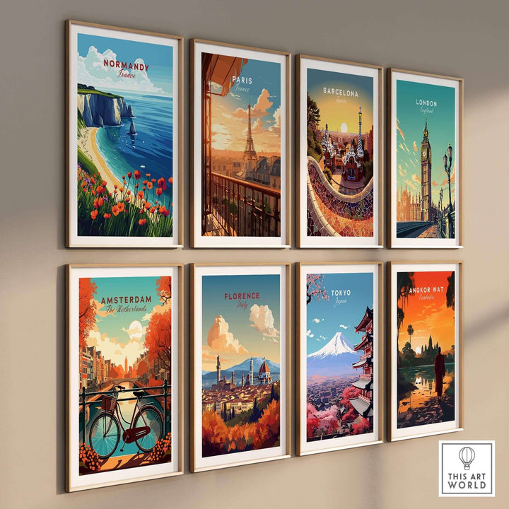 Colorful wall art prints of iconic cities including Normandy, Paris, Barcelona, London, Amsterdam, Florence, Tokyo, and Angkor Wat.