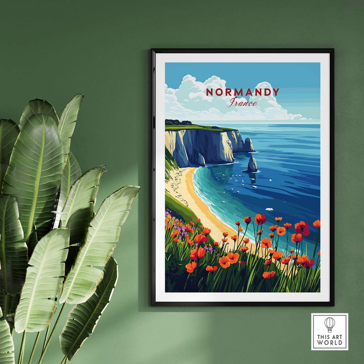 Normandy print featuring vibrant coastal scenery and colorful flowers, perfect for home or office decor.