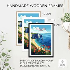 Normandy Print France displayed in handmade wooden frames: natural, white, and black, showcasing beautiful coast and flowers.
