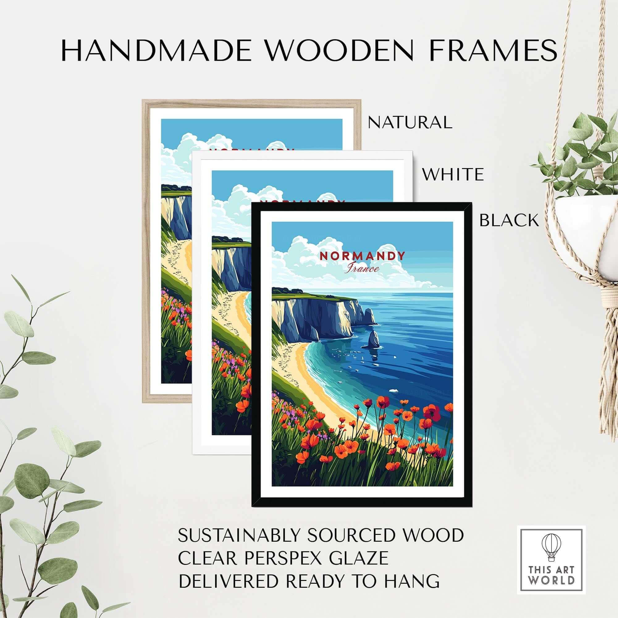 Normandy Print France displayed in handmade wooden frames: natural, white, and black, showcasing beautiful coast and flowers.