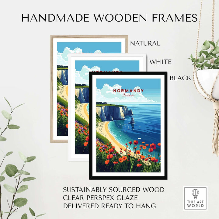 Handmade wooden frames in natural, white, and black for Normandy print, featuring sustainably sourced wood and clear perspex glaze.