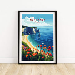 Normandy Print France showcasing a beautiful coastal scene with vibrant flowers and cliffs in a framed artwork.