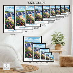Normandy Travel Poster size guide showcasing different frame sizes and vibrant coastal artwork.