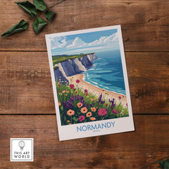 Normandy Travel Poster featuring the scenic cliffs and vibrant flowers of Normandy, France, perfect for home decor.