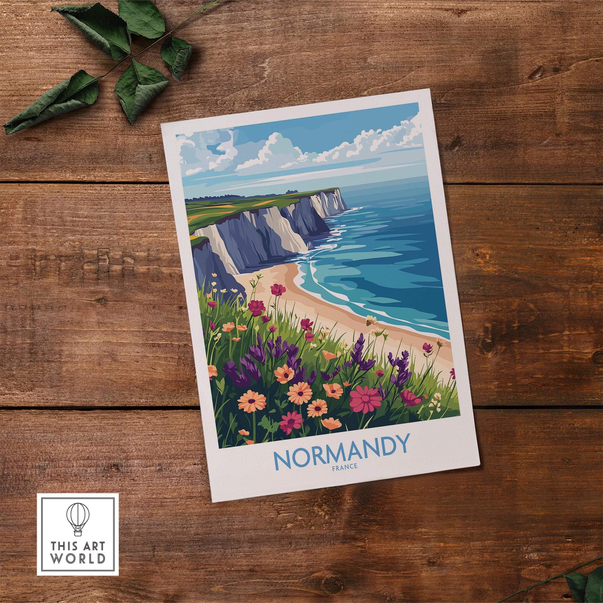 Normandy Travel Poster featuring the scenic cliffs and vibrant flowers of Normandy, France, perfect for home decor.