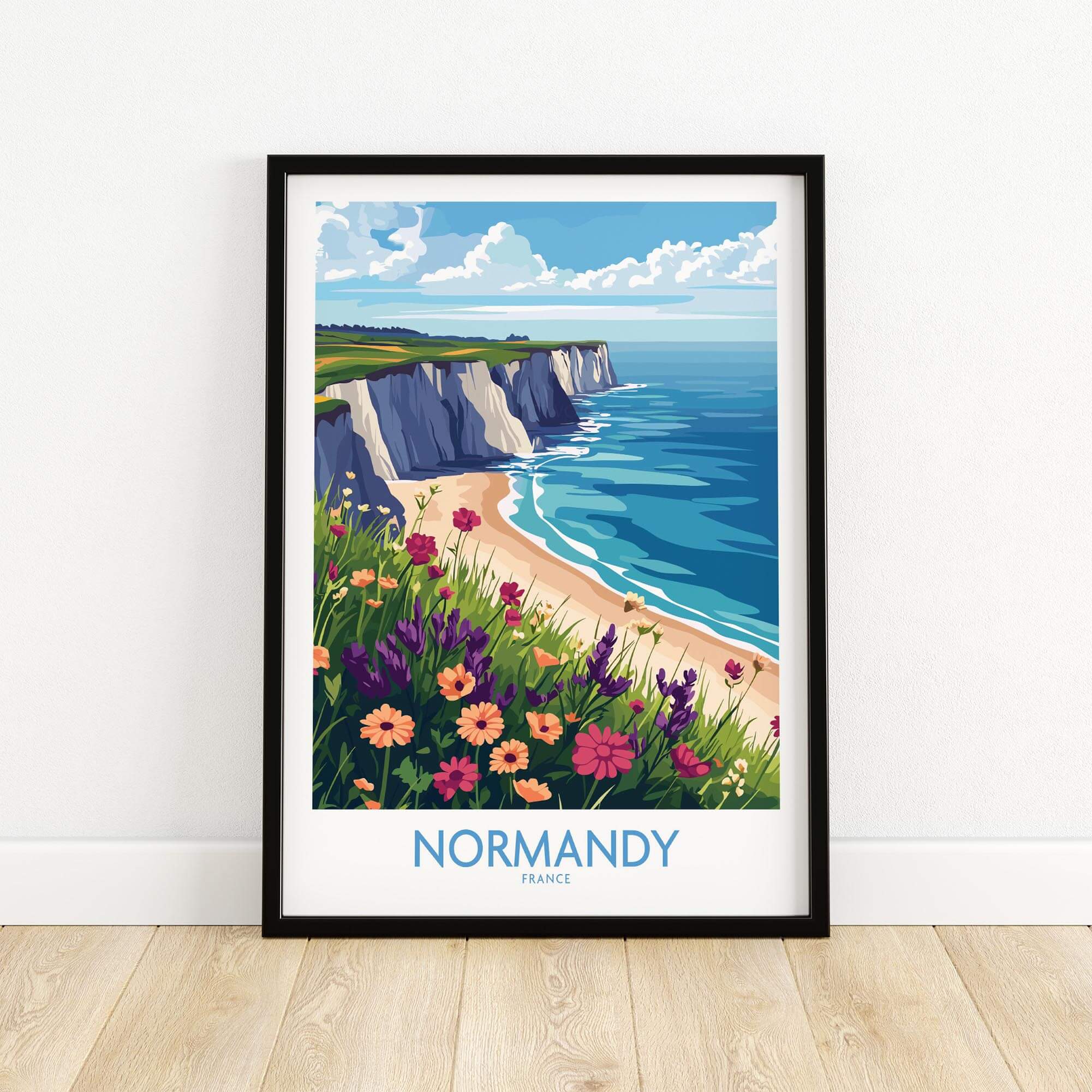 Normandy Travel Poster featuring vibrant flowers and a stunning coastal view of Normandy, France.