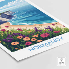 Normandy Travel Poster featuring vibrant flowers and a stunning coastal landscape in France.