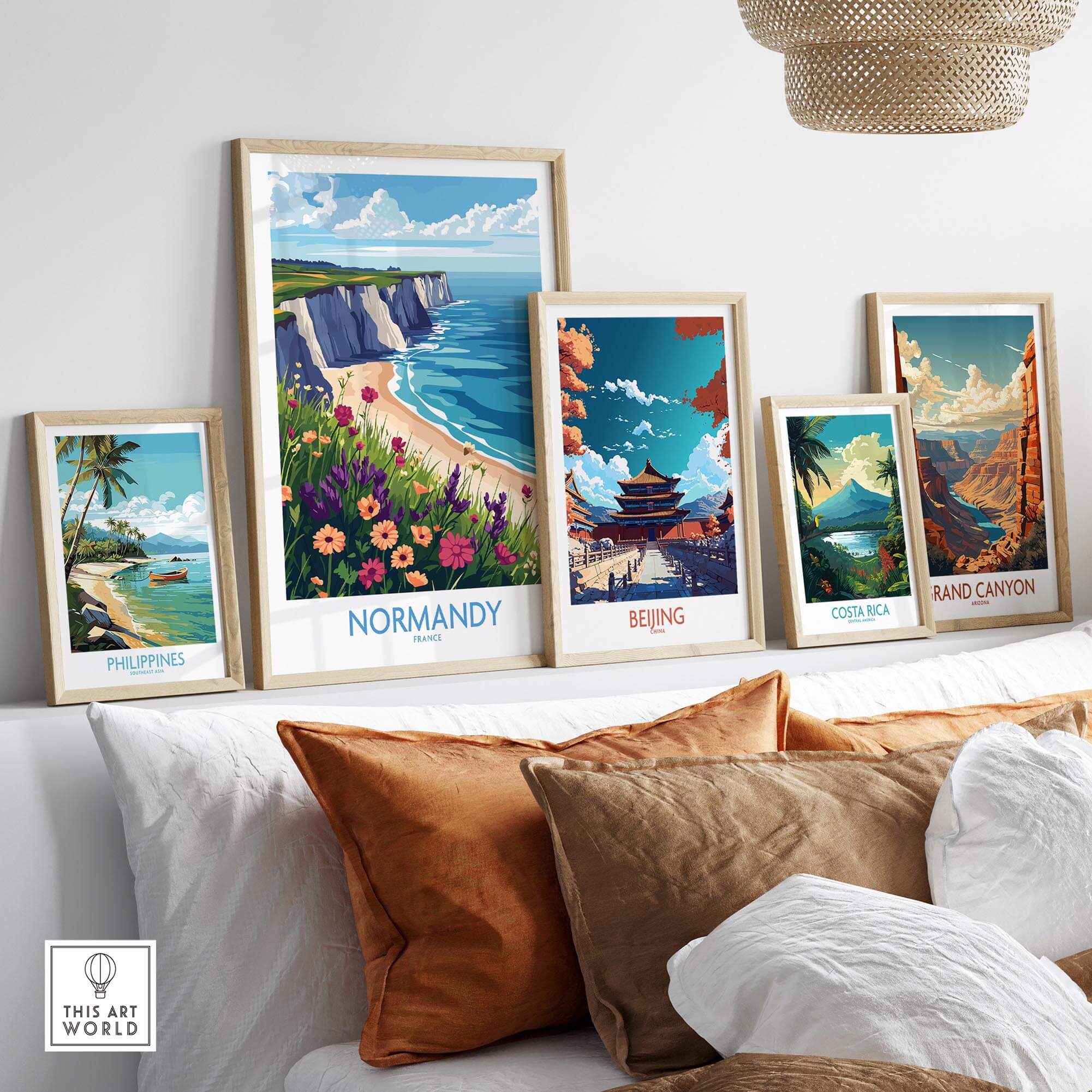 Normandy Travel Poster showcased among travel art prints featuring stunning landscapes and vibrant colors.
