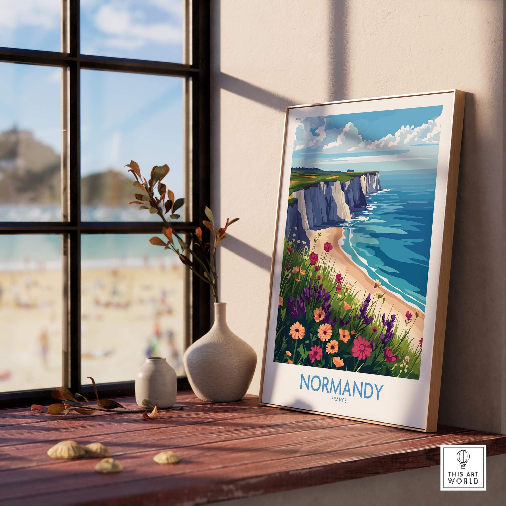 Normandy Travel Poster showcasing stunning coastal views and vibrant flowers in a sunlit room.