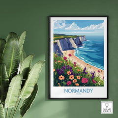 Normandy Travel Poster featuring vibrant flowers and breathtaking coast of Normandy, France.