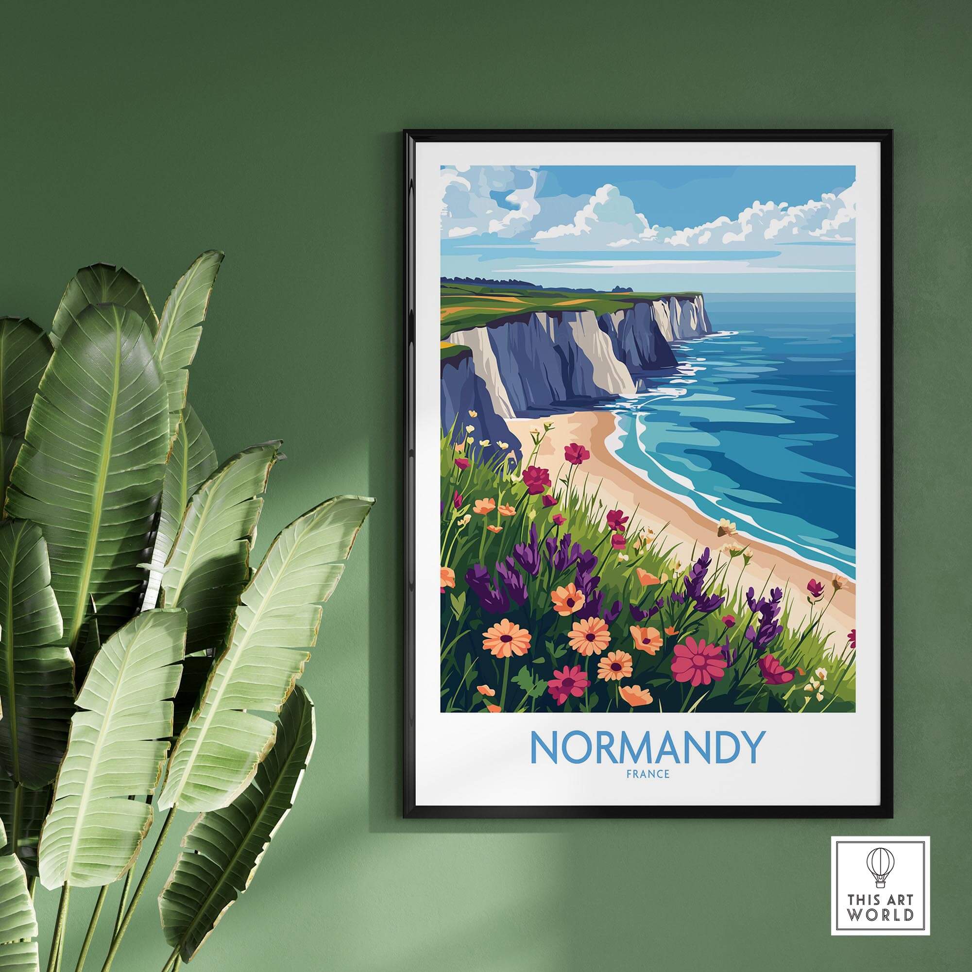 Normandy Travel Poster featuring vibrant flowers and breathtaking coast of Normandy, France.