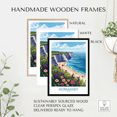 Normandy Travel Poster displayed in handmade wooden frames including natural, white, and black options.