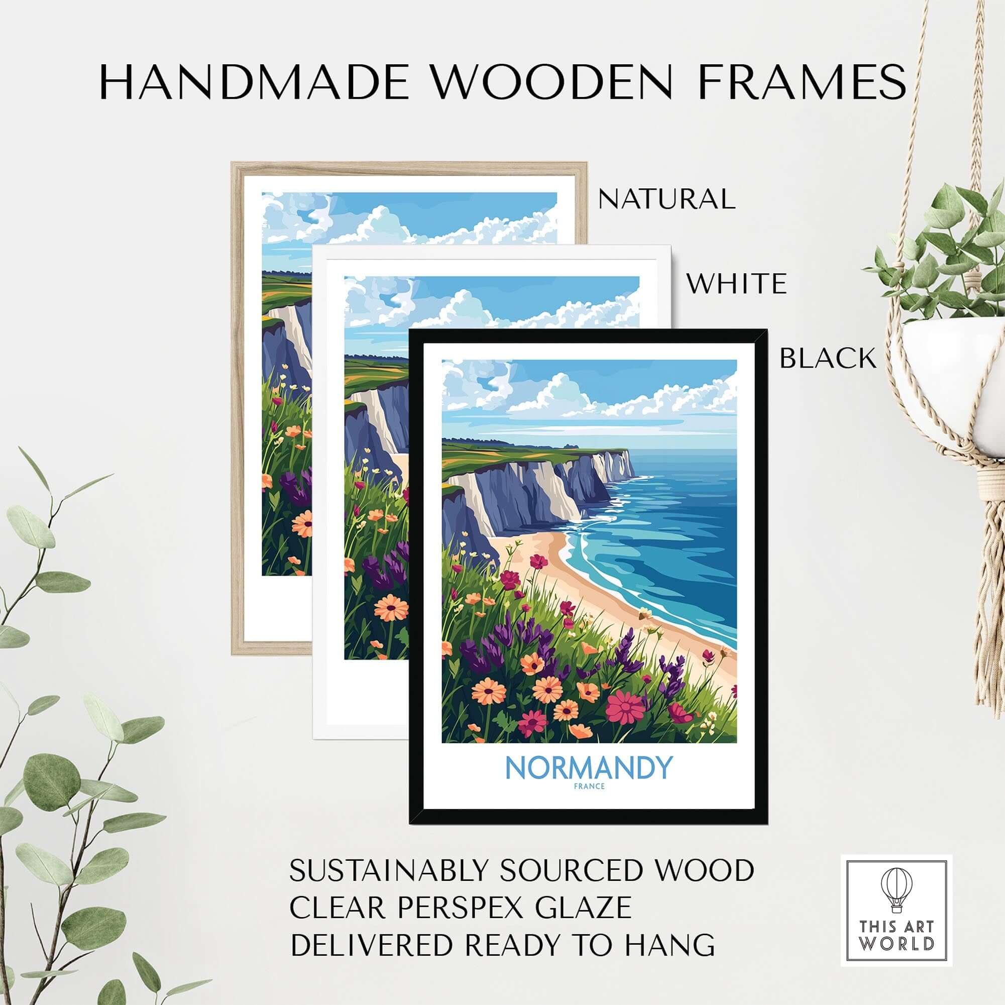 Normandy Travel Poster displayed in handmade wooden frames including natural, white, and black options.