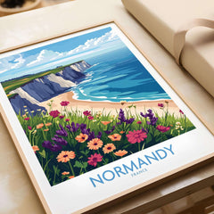 Normandy Travel Poster showcasing the coast and vibrant flowers of Normandy, France, perfect for wall art.