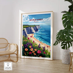 Normandy Travel Print featuring a scenic coastal view with cliffs and colorful flowers, perfect for home decor.