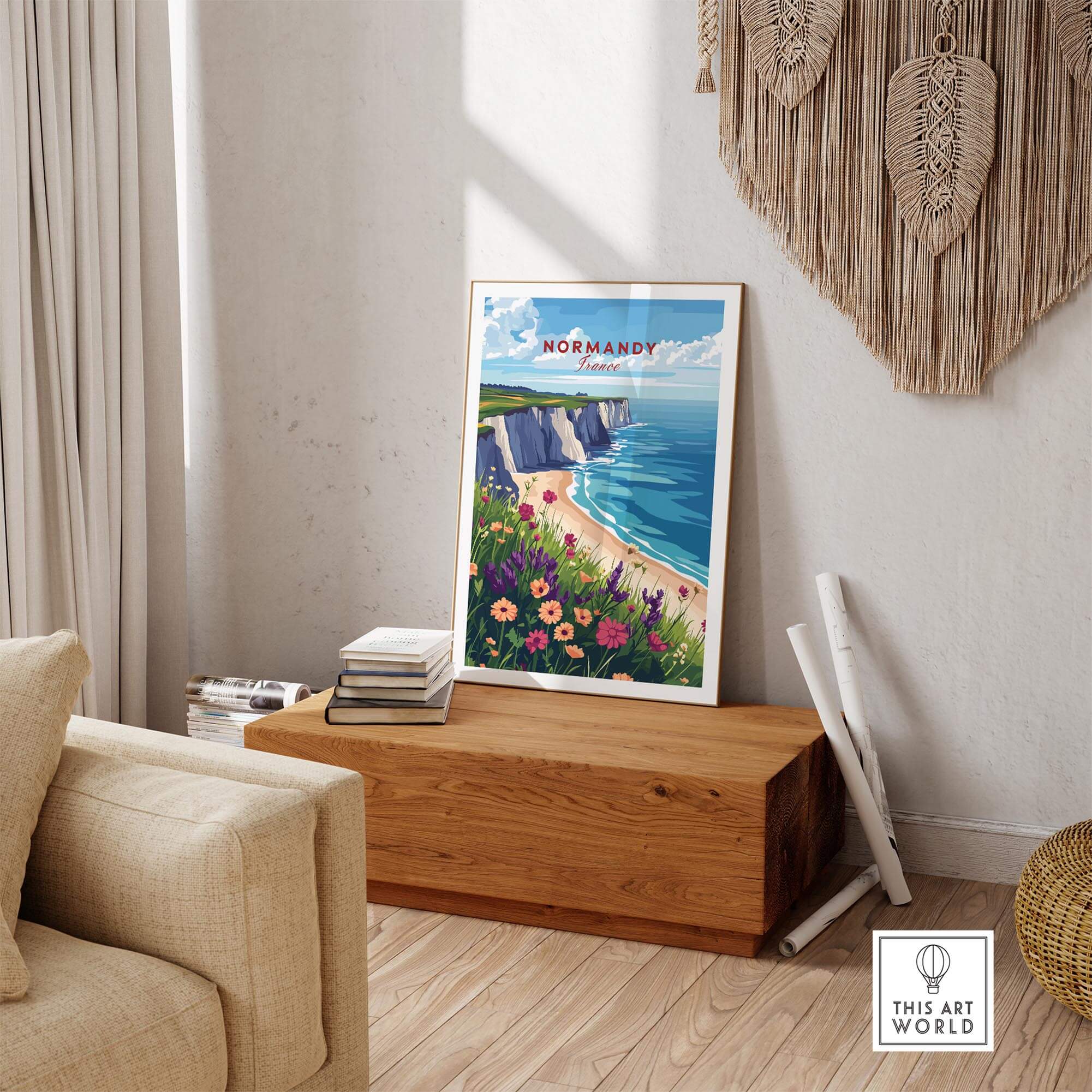 Normandy Travel Print showcasing the coastal beauty of France, perfect for travel lovers and home decor.