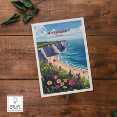Normandy Travel Print showcasing vibrant flowers and cliffs along the scenic Normandy coast of France.