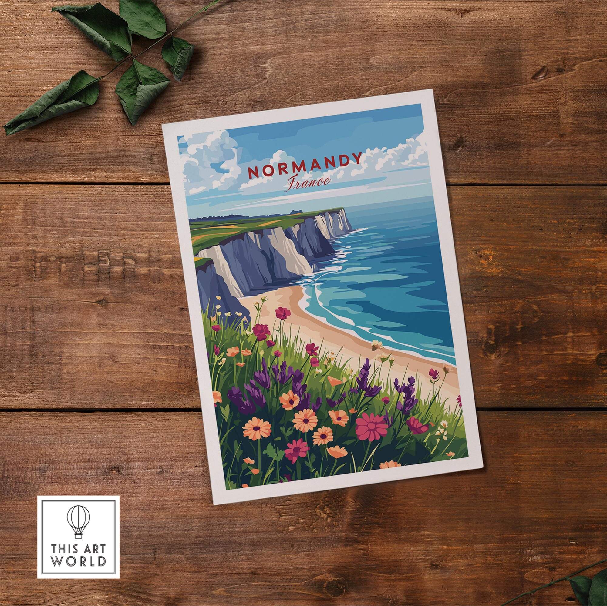 Normandy Travel Print showcasing vibrant flowers and cliffs along the scenic Normandy coast of France.