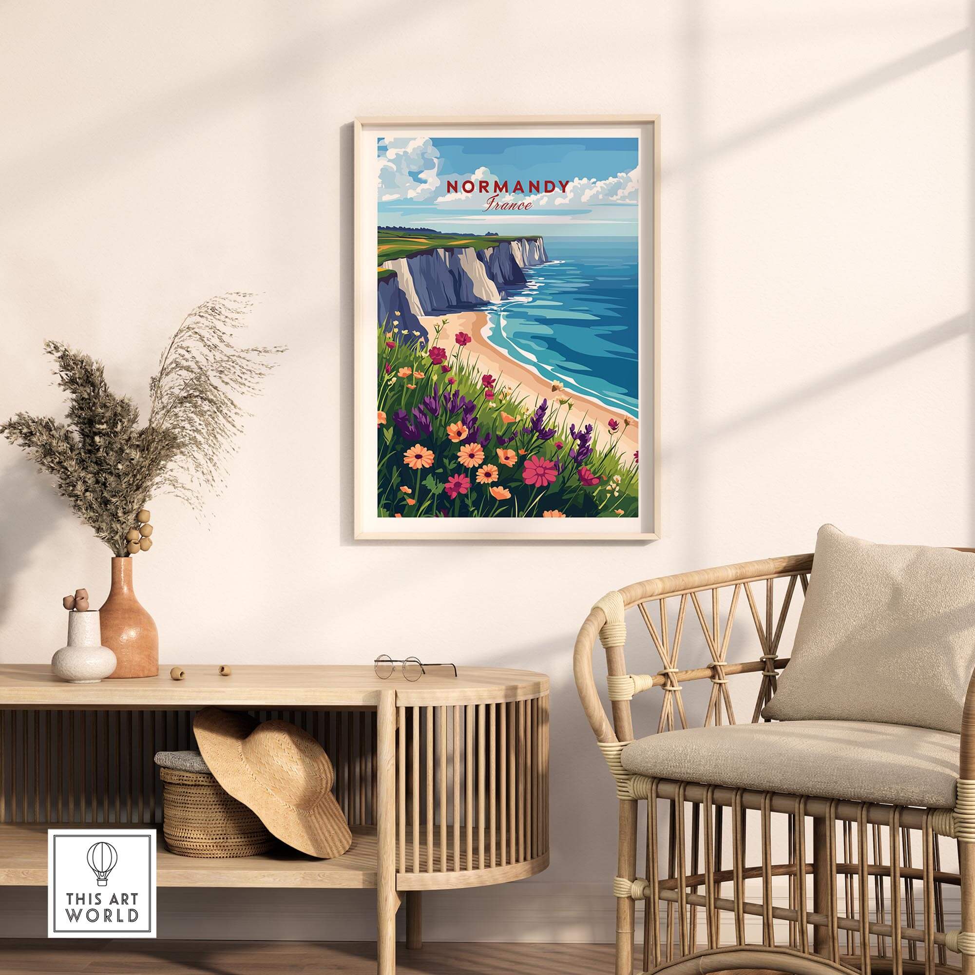 Normandy Travel Print showcasing the beautiful coastal landscape of Normandy in a home decor setting.