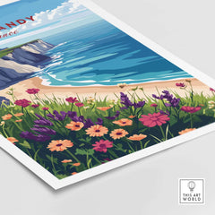 Normandy Travel Print showcasing the scenic coastline of Normandy with vibrant flowers and blue sea.