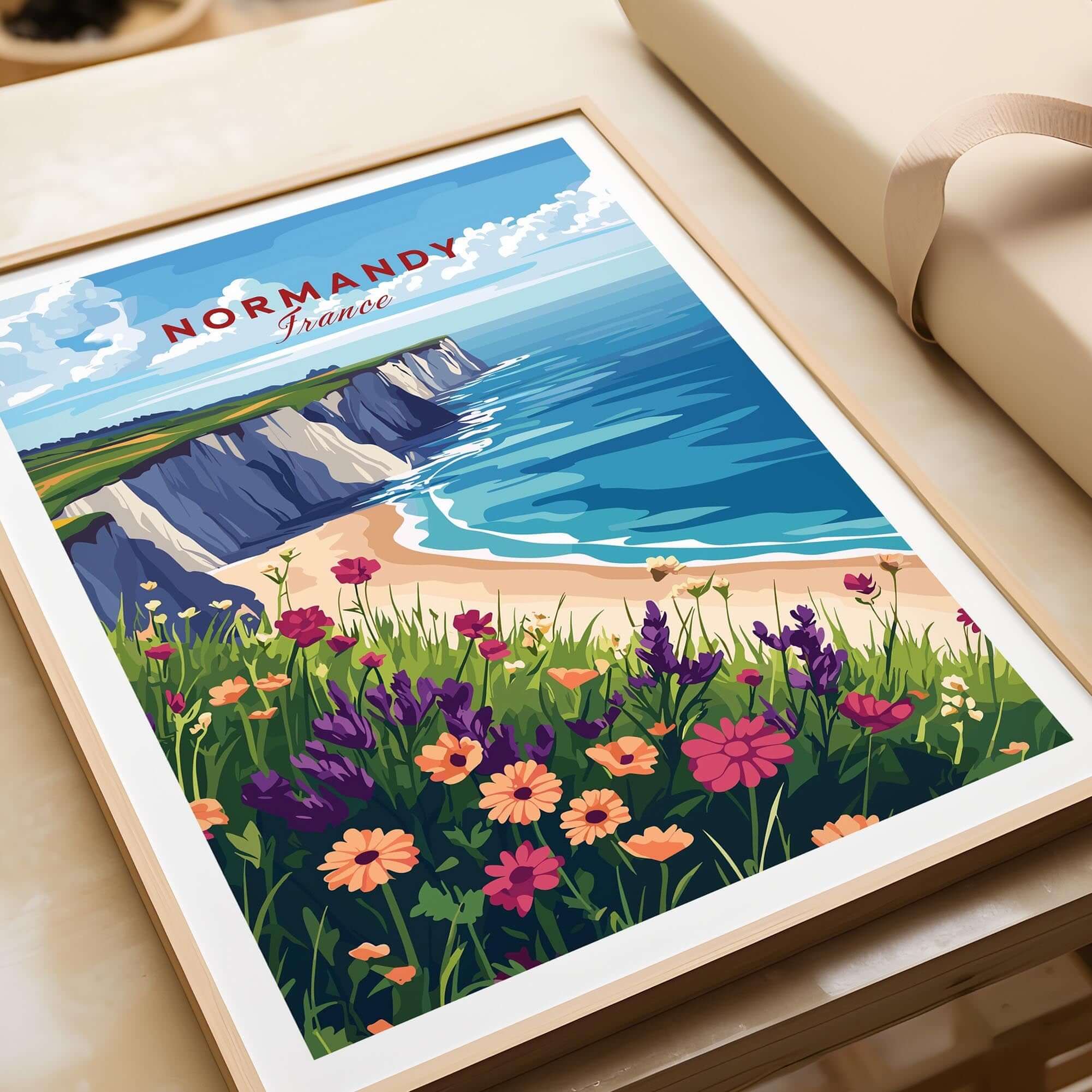 Normandy Travel Print featuring beautiful coastal scenery and colorful flowers, perfect for home decor.