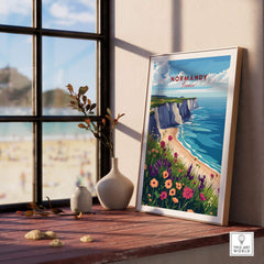 Normandy Travel Print showcasing stunning coastal scenery and floral accents, perfect for home decor and travel lovers.