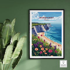 Normandy Travel Print showcasing beautiful coastal scenery of Normandy, France, surrounded by vibrant flowers and plants.
