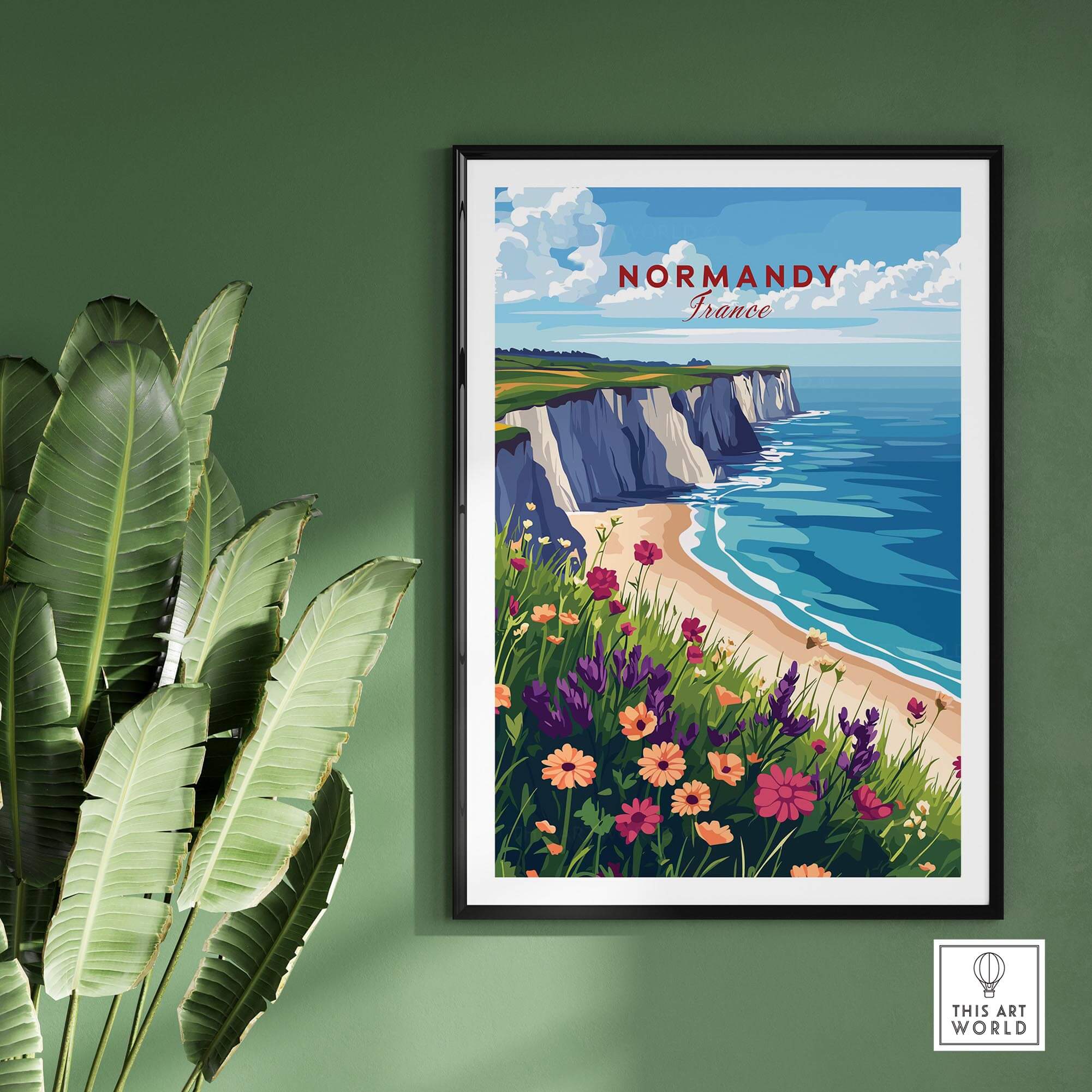 Normandy Travel Print showcasing beautiful coastal scenery of Normandy, France, surrounded by vibrant flowers and plants.