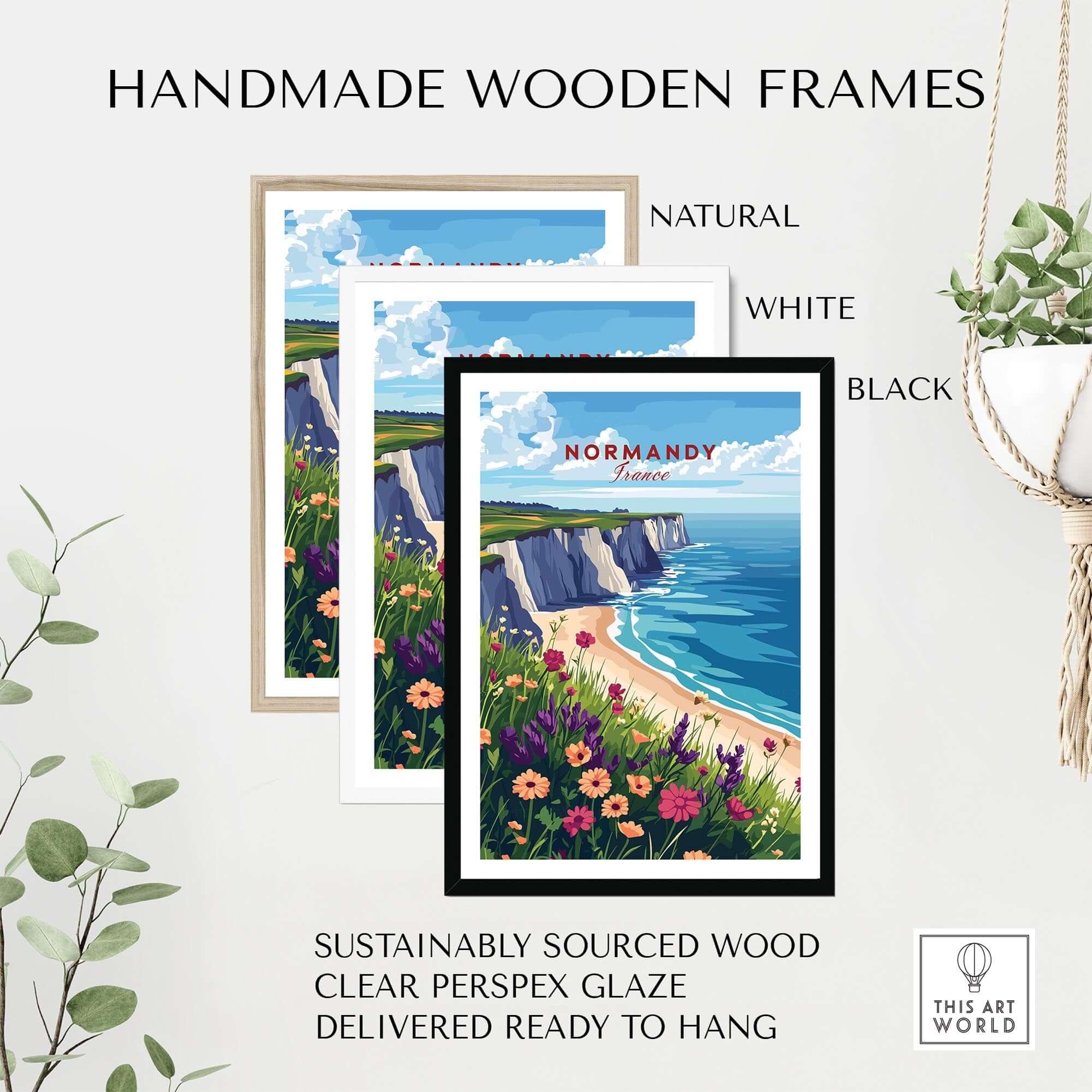 Normandy Travel Print framed in handmade wooden frames, showcasing coastal scenery and floral details.