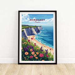 Normandy Travel Print featuring a scenic view of the Normandy coast, showcasing flowers and cliffs with ocean backdrop.