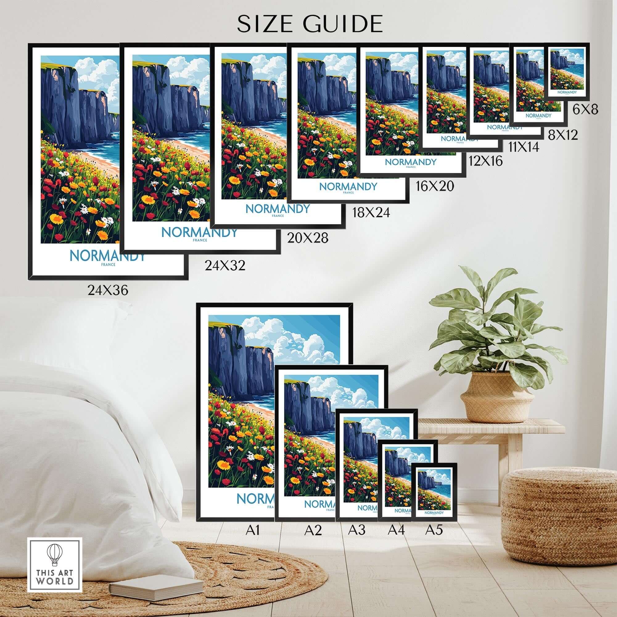 Normandy Wall Art Poster size guide showcasing various dimensions for home decor options.