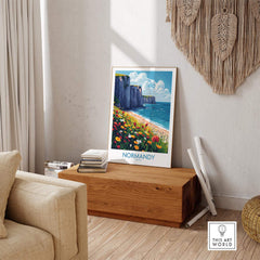 Normandy Wall Art Poster showcasing a coastal landscape, perfect for enhancing home decor with a French travel theme.