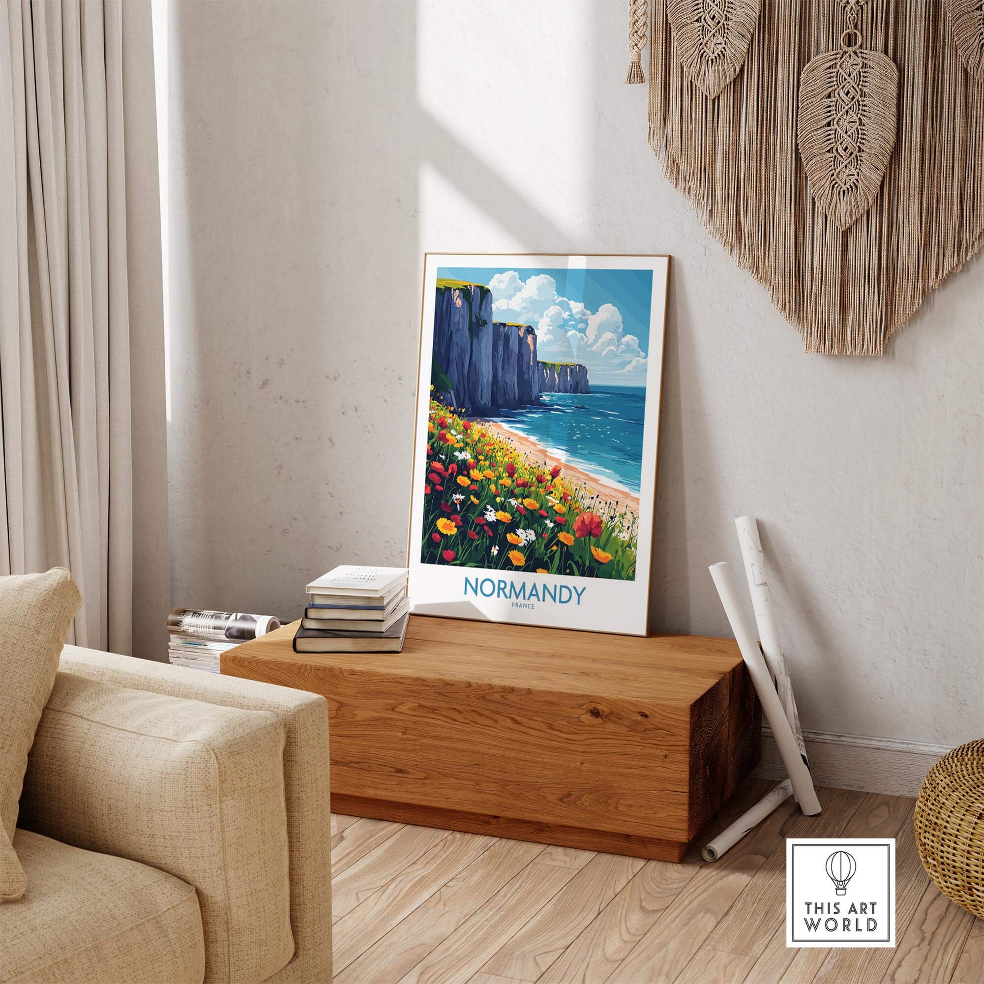 Normandy Wall Art Poster showcasing a coastal landscape, perfect for enhancing home decor with a French travel theme.