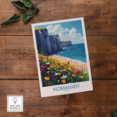 Normandy Wall Art Poster showcasing a coastal landscape with cliffs and flowers, perfect for home decor.
