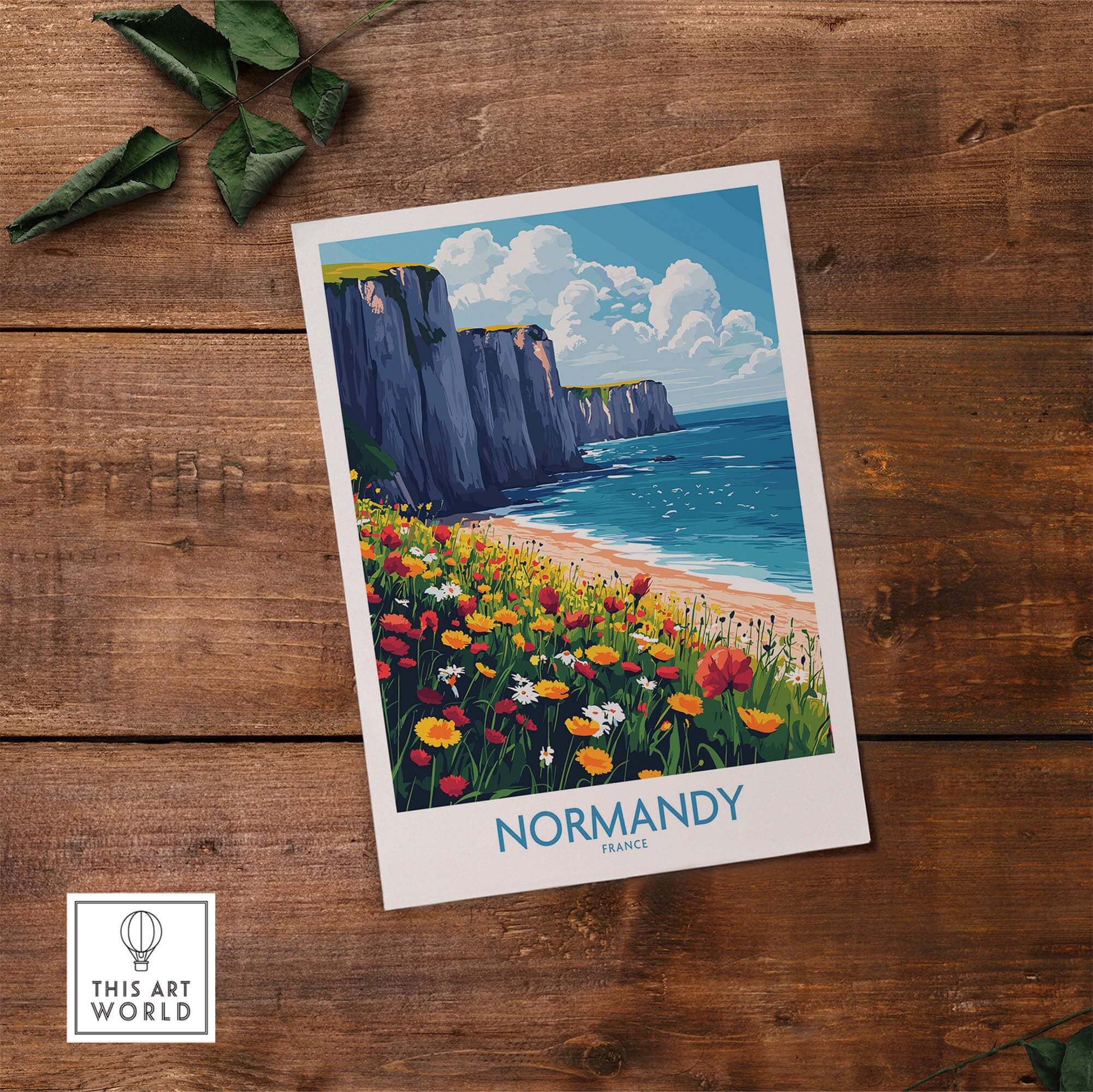 Normandy Wall Art Poster showcasing a coastal landscape with cliffs and flowers, perfect for home decor.
