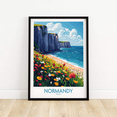 Normandy Wall Art Poster featuring a vibrant coastal landscape of Normandy, France with flowers and cliffs.