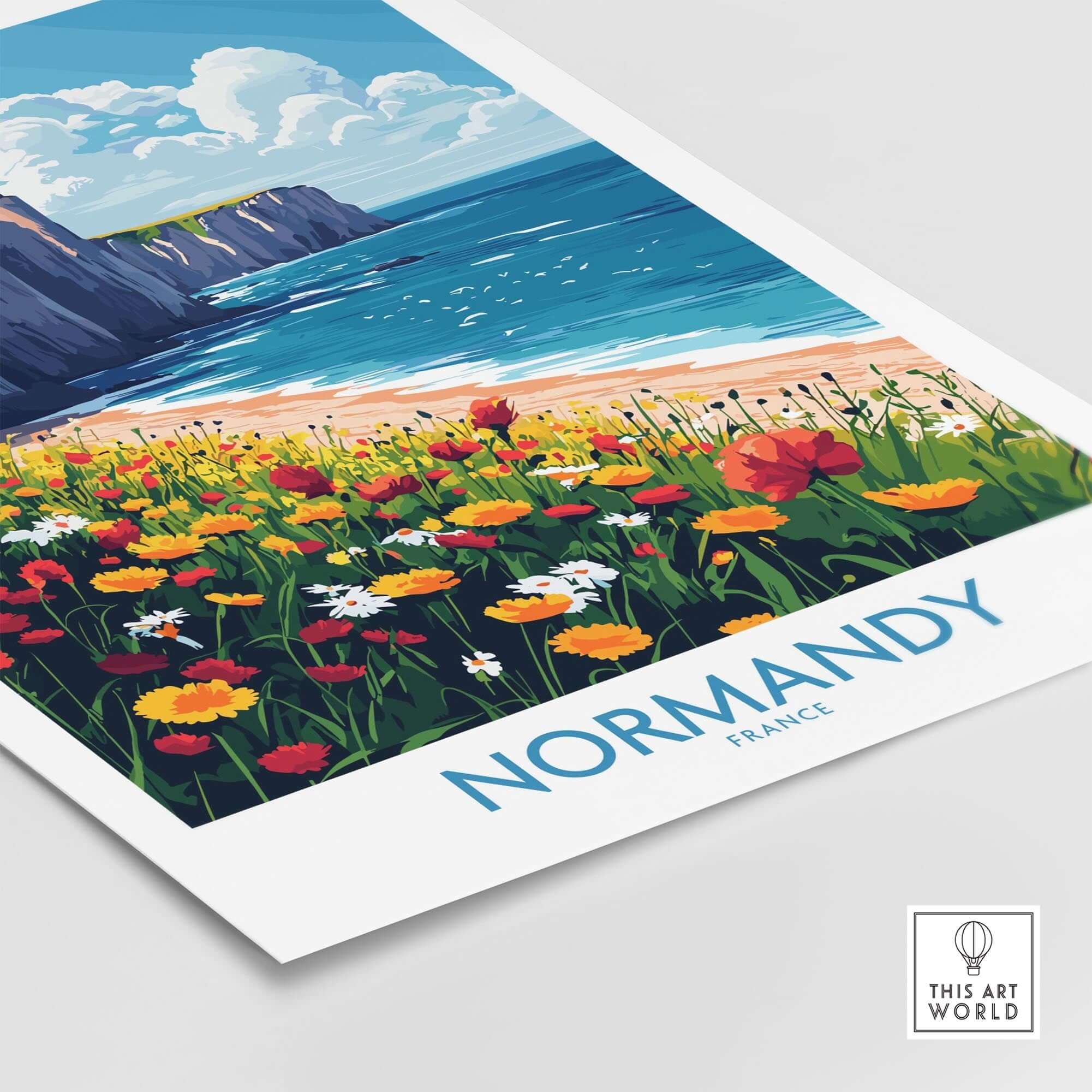 Normandy Wall Art Poster showcasing a coastal landscape with vibrant flowers and cliffs, capturing the beauty of Normandy, France.