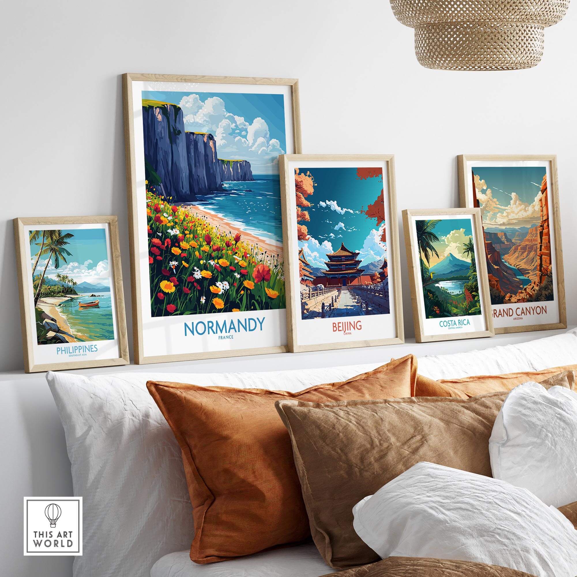 Normandy Wall Art Poster displayed among other travel prints in a stylish home decor setting.