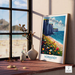 Normandy Wall Art Poster displayed on a table showcasing a beautiful coastal landscape.