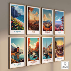 Normandy Wall Art Poster collection featuring iconic cities like Paris, Florence, and Tokyo in vibrant prints
