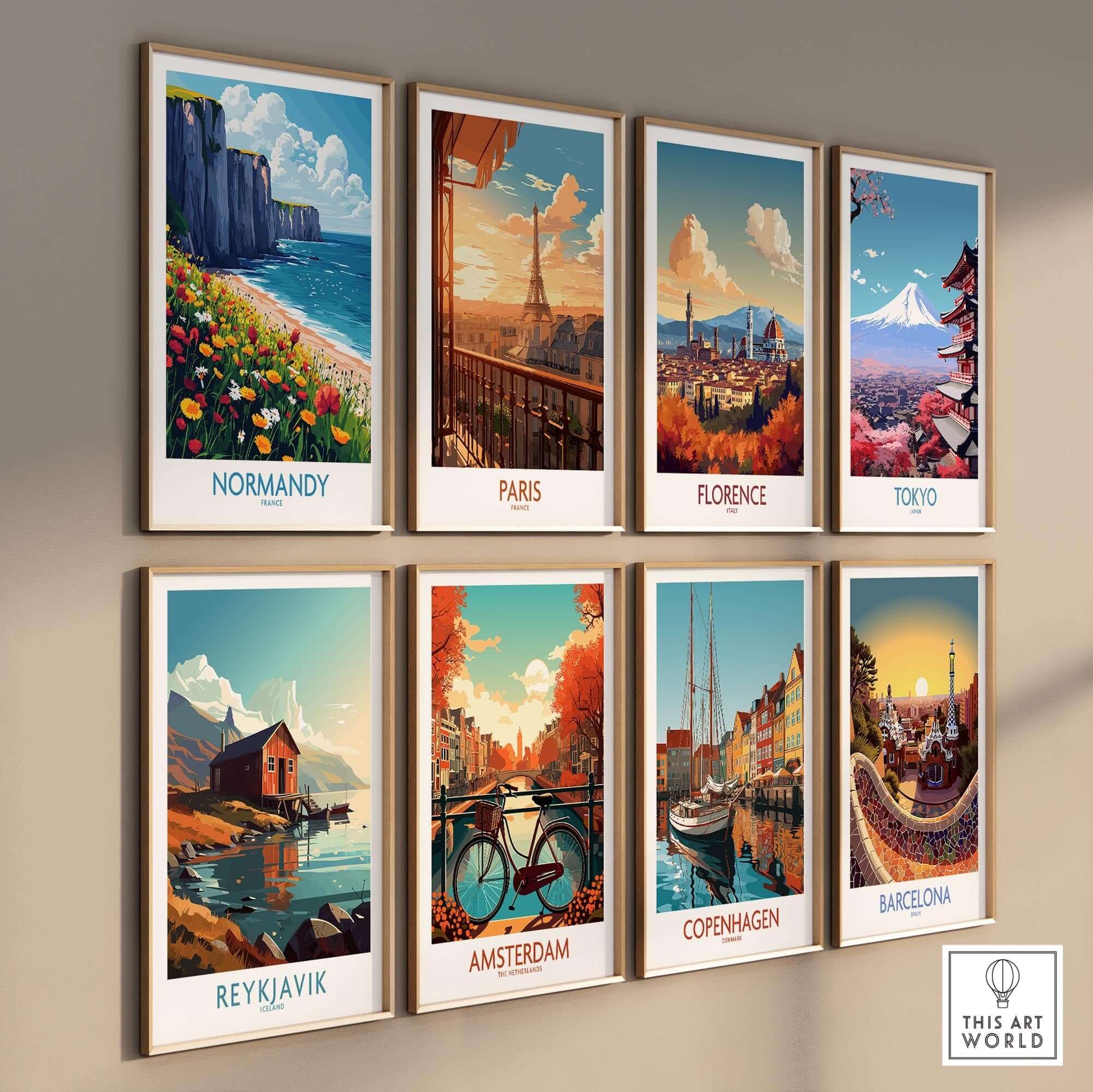 Normandy Wall Art Poster collection featuring iconic cities like Paris, Florence, and Tokyo in vibrant prints