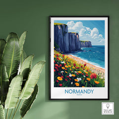 Normandy Wall Art Poster featuring a coastal landscape and colorful flowers, perfect for home decor.