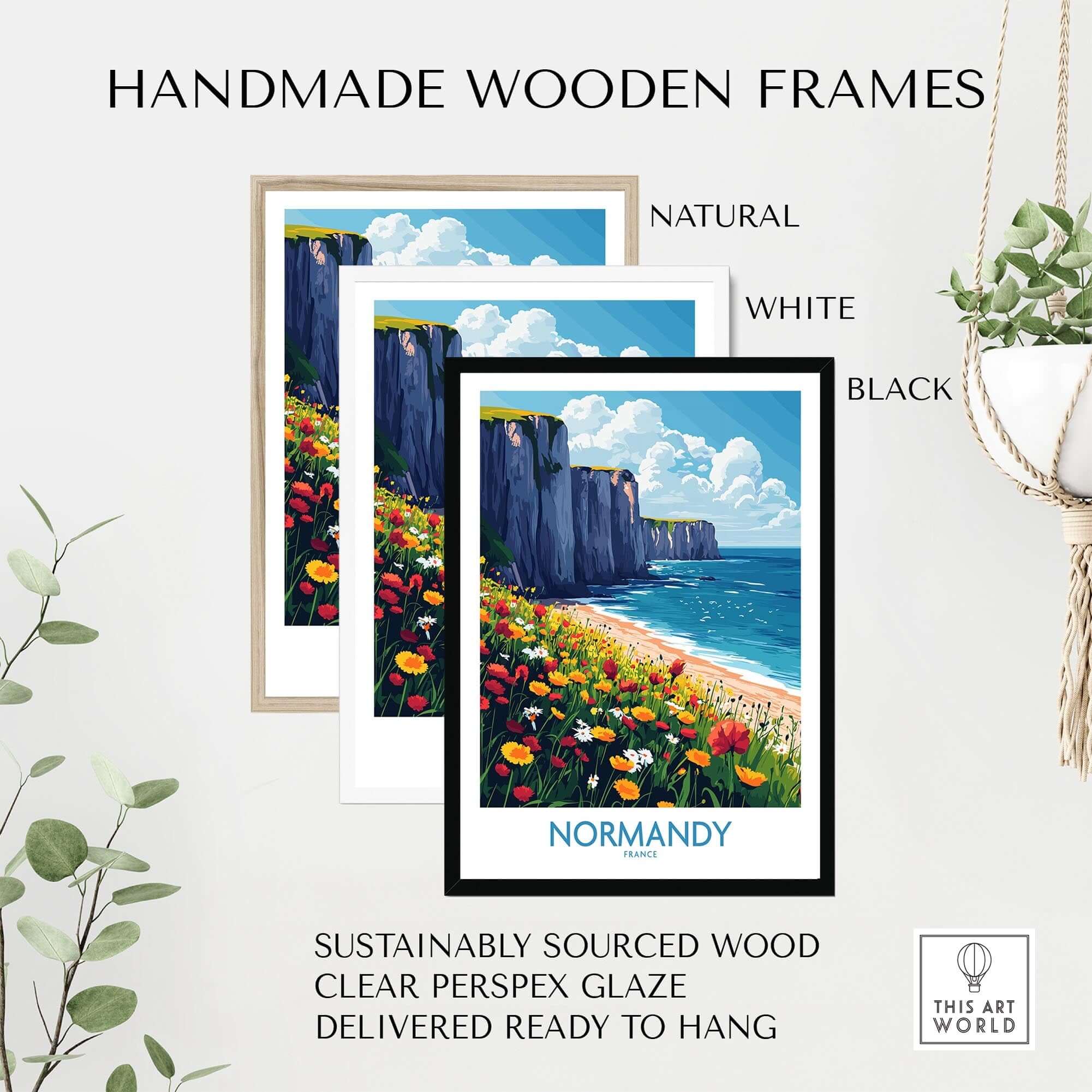 Normandy Wall Art Poster displayed in handmade wooden frames in natural, white, and black options.