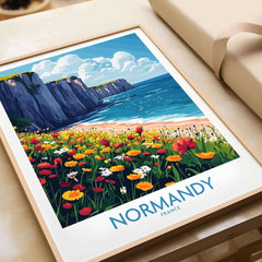 Normandy Wall Art Poster featuring a vibrant coastal landscape and flowers, perfect for home decor.