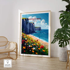 Normandy Wall Art Print showcasing stunning coastal cliffs and vibrant flowers, bringing a touch of coastal charm to your space.